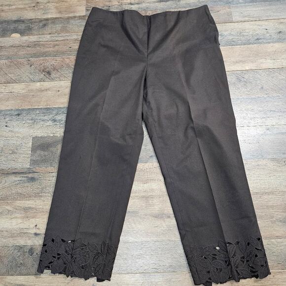 Jones New York Pants Womens Plus Sz 14 Brown Cropped Leaf Embroidered Hem Capri - Picture 1 of 14